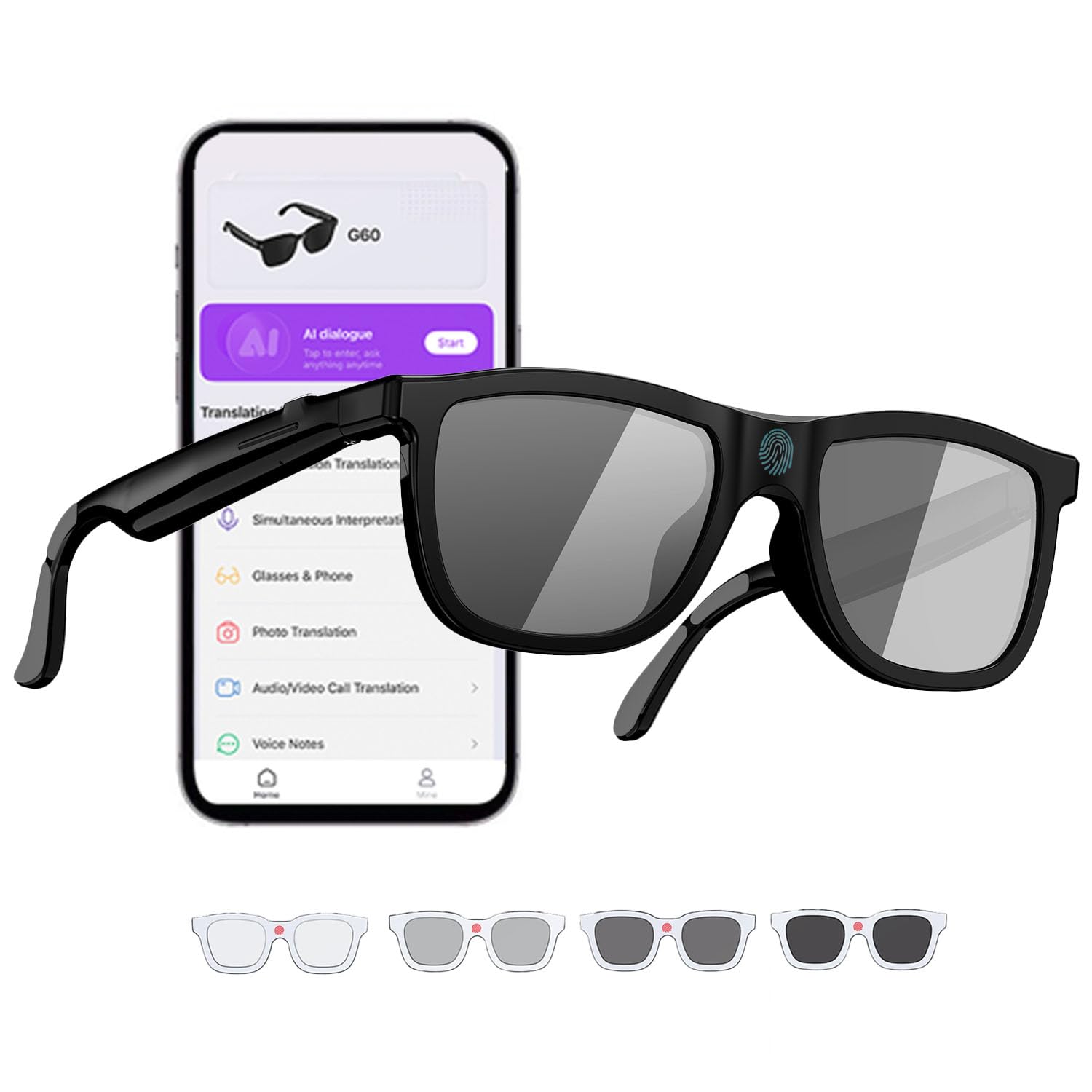 Photo 1 of Electrochromic AI Glasses for Men & Women, Bluetooth Smart Glasses Powered by ChatGPT, AI Real-time Translation with 164 Languages, Music Play, Hands-Free Calls, Sunglasses for Daily Use, Travel