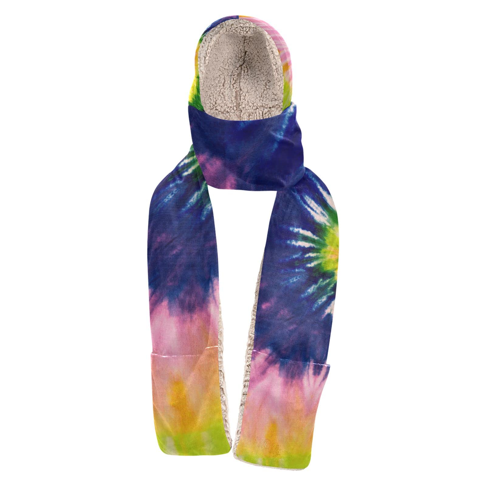 Women Winter Warm Hoodie Hat Scarf Gloves Pocket Warm Hat Colorful Tie Dye Long Scarf Wraps(227be1h)