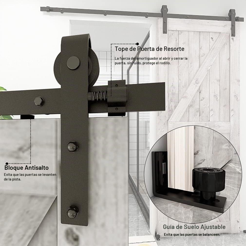 TSMST 173CM (5.5FT) Herraje para Puerta Corredera Kit de Accesorios para Puertas Correderas con Guía de Suelo Ajustable