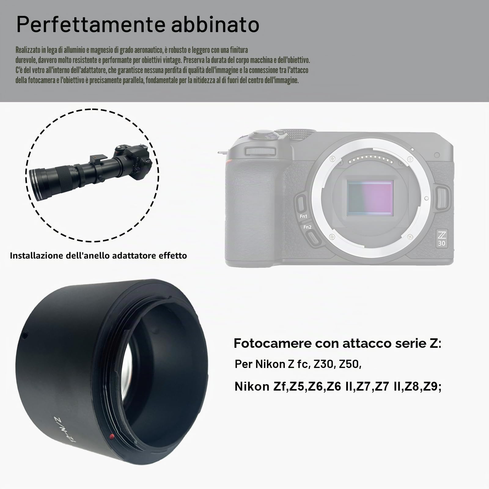 T2-Niko Z-Adattatore per obiettivo con filettatura T-Mount T2,compatibile con Nik Z7 e Z6 senza specchio,adattatore T2 to Niko Z Lens