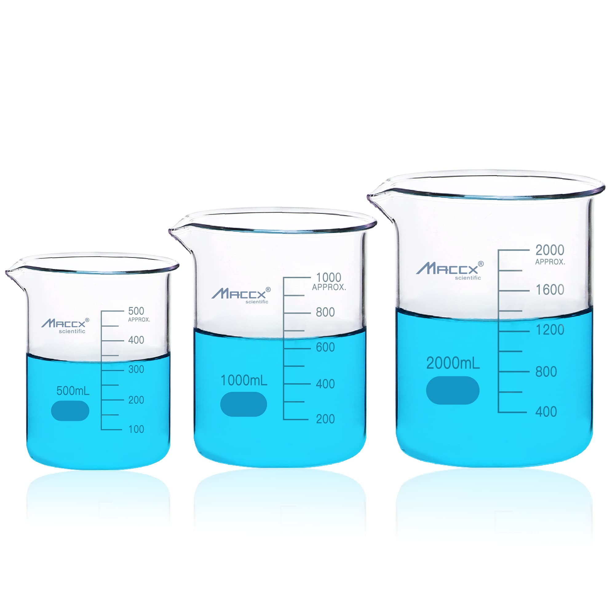 Stabilny szklany kubek, 3 rozmiary 500 ml, 1000 ml, 2000 ml, 3,3 gryf borokrzemowy, niski kształt z nadrukowaną skalą, BKLS05-003