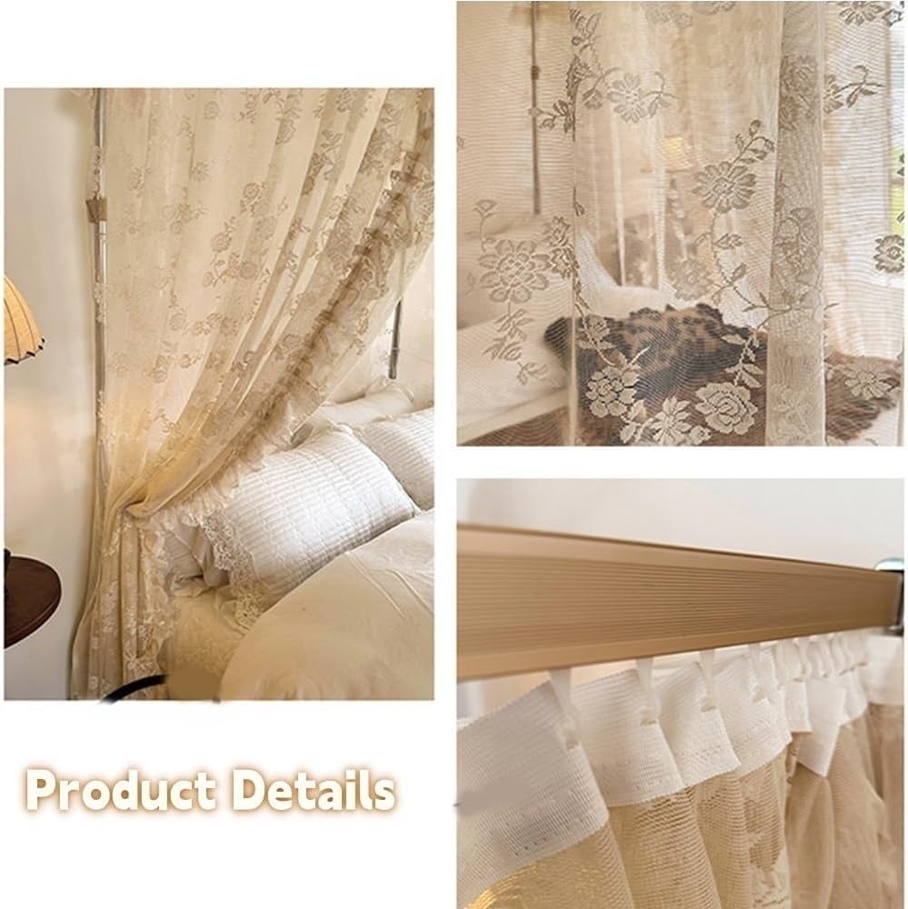 Lace Mosquito Net Bed Canopy with Curtains, Princess Style Three-Door Floor Bed Canopy, Bed Canopy Frame with Drapes, Canopy Bed Curtains with Rail Track, Mosquito Netting(White,180cm/70.9in)