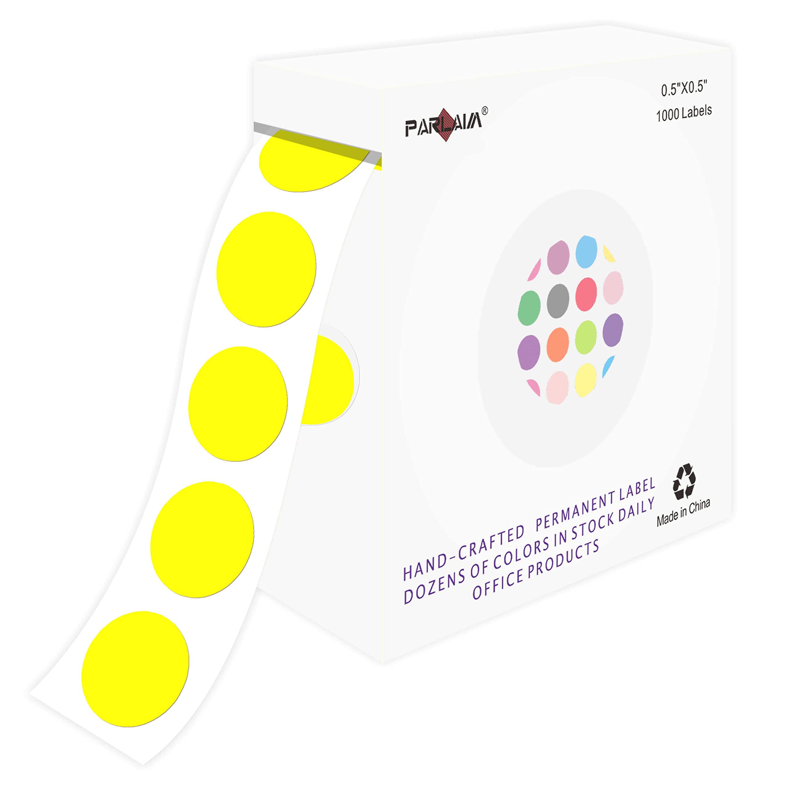 PARLAIM 1/2" Yellow Round Color Coding Circle Dot Labels on a Roll, 1000 Stickers in Plastic Dispenser Box, 0.5 inch Diameter