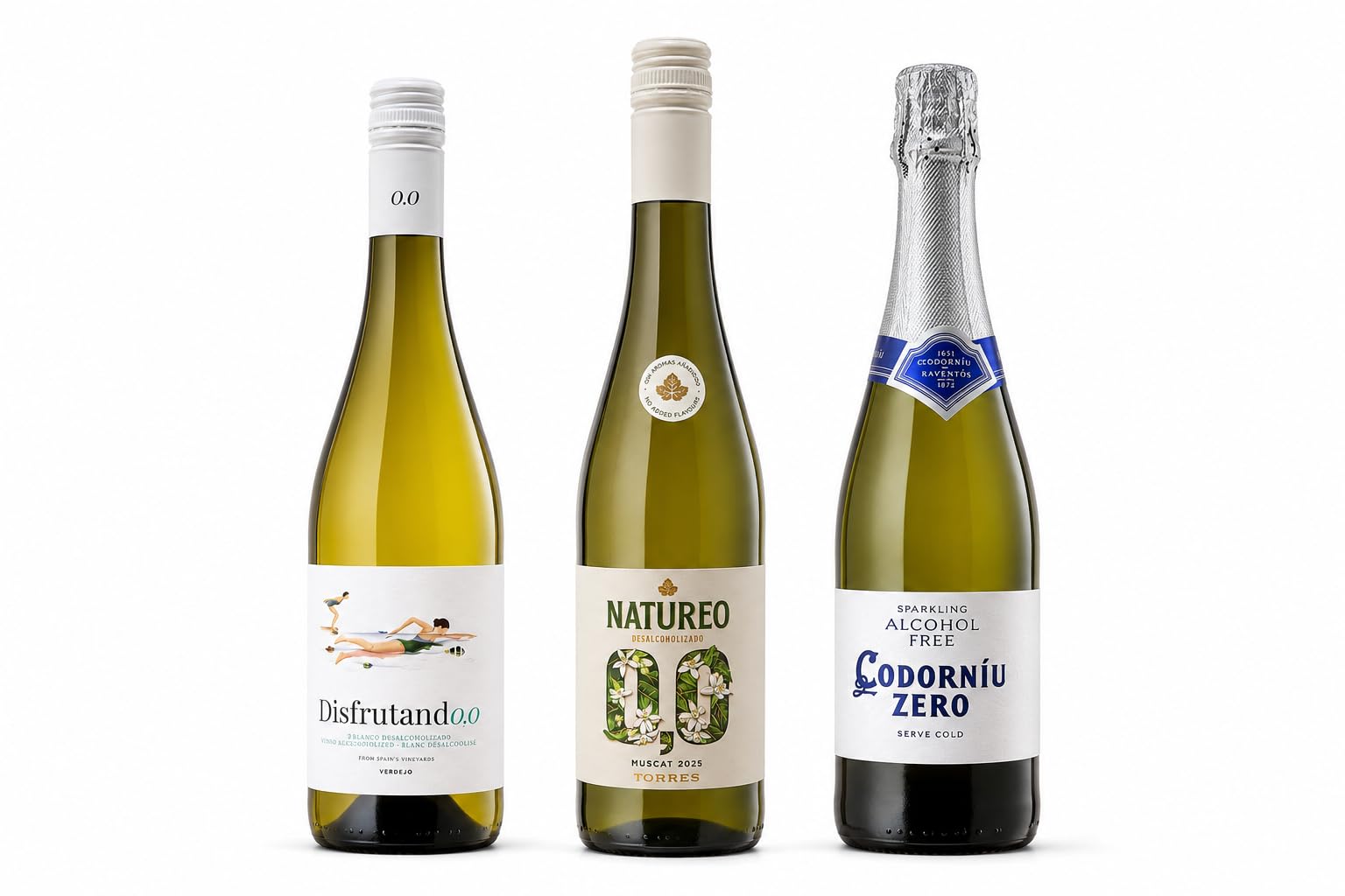 Pack Degustación Sin Alcohol Premium – Codorníu Zero + Natureo Muscat 0,0 + Disfrutando 0,0 Verdejo | Selección de Vino Blanco y Espumoso Sin Alcohol | Pack 3 Botellas -MYSECRETWINE-