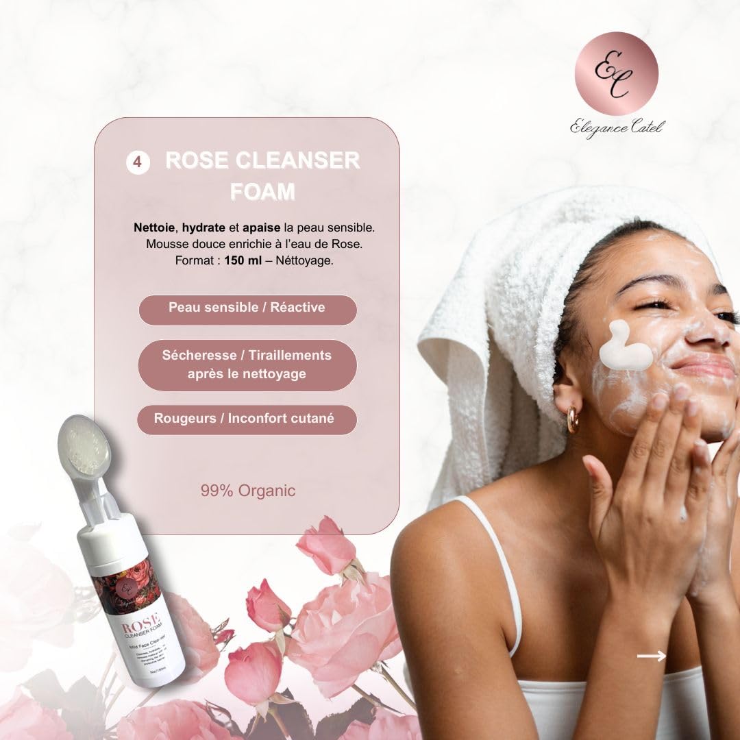 Cofanetto per la cura del viso biologico alla rosa, 6 prodotti, siero 30 ml, sapone 100 g, tonico, schiuma detergente, crema e maschera di argilla