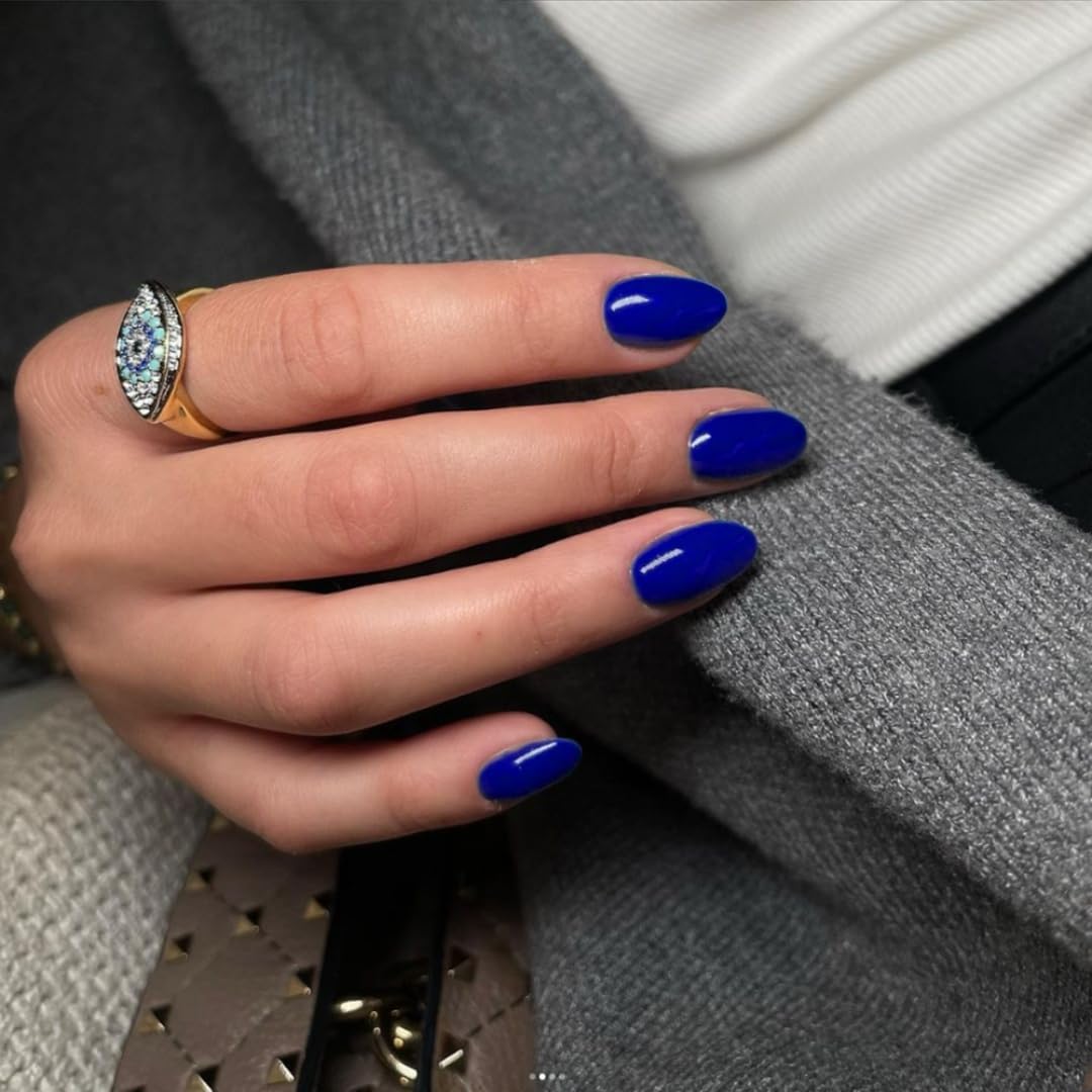 SXVME Royal Blue False Nails Short Oval, Simple Acrylic Press on Nails Short Almond, Elegant Blue Fake Nails Press ons - Image 3