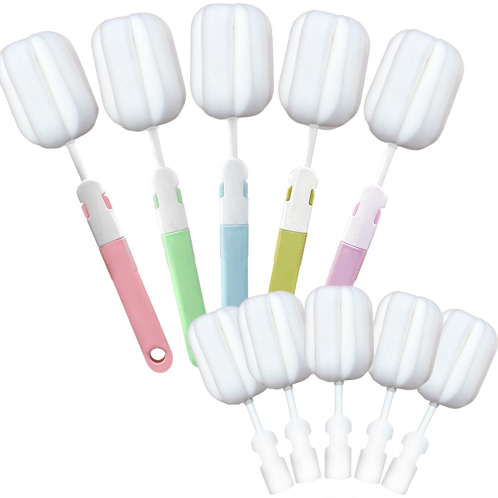 INVODA Sponge Nipple Bottle 5 PCS + Replaceable Brush Heads 5 PCS Baby Bottle Brushes Long Handle Cup Scrubber Brush Portable Sponge Cleaning Brush