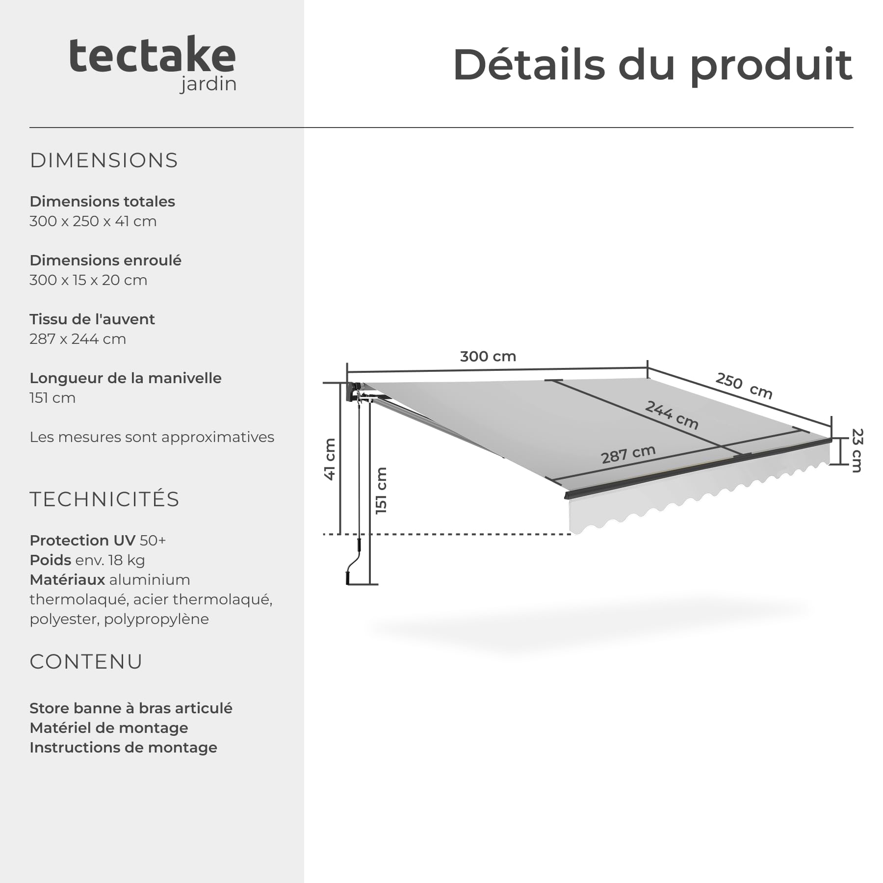 tectake® Store banne Manuel Marquise avec Manivelle Auvent de terrasse Pare Soleil Multi-Fonction Store Exterieur terrasse Enroulable Brise Soleil en Aluminium laqué époxy - Gris Clair, 300 x 250 cm