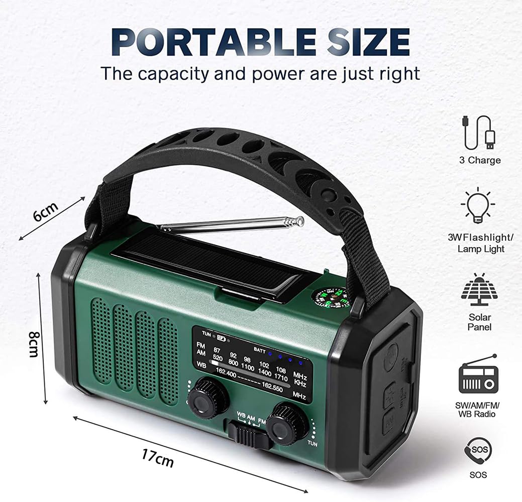 Radio Manovella Emergenza 20000mAh, Radio Solare Portatile Ricaricabile, Funzione Torcia Elettrica e Lampada da Lettura, Allarme SOS, Power Bank per Uso Esterno e può Caricare Gli Smartphone