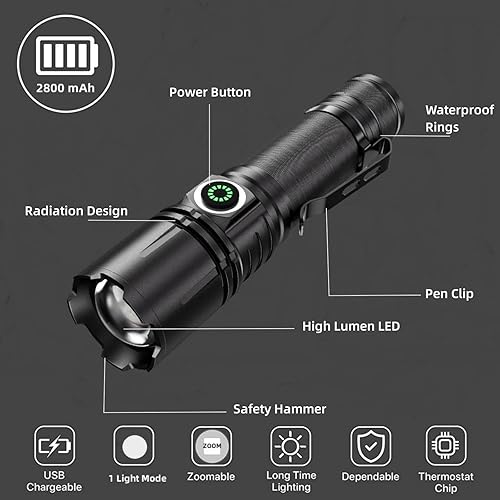 Miniatura 2 de WINDFIRE Pequeñas linternas recargables de 8000 lúmenes altos, linternas tácticas superbrillantes con clip, un solo modo IPX45, luces de bolsillo
