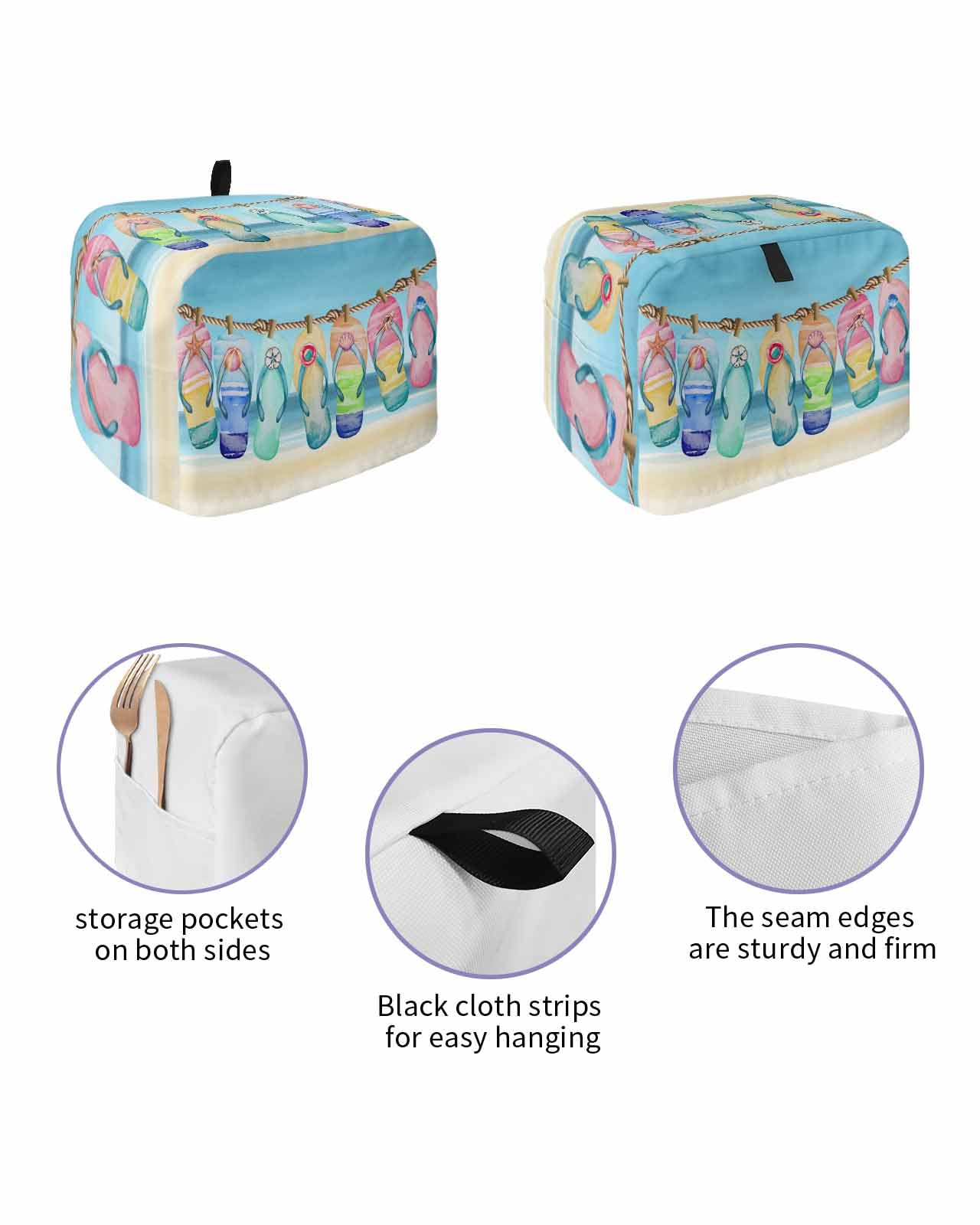 Beach Slippers Toaster Cover 2 Slice, Blue Summer Ocean Coastal Shell Dustproof Bread Machine Oven Cover with Storage Pockets, Fits Most Kitchen Toasters Protector