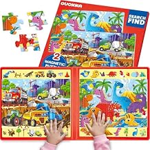 QUOKKA Magnetic Puzzles for Toddlers 3-5 Search & Find 2 Pack, 60 Pieces Each Travel Friendly Board with Hidden Objects, Construction and Dinosaur Scenes Educational Puzzle Gift for 3 Year Olds