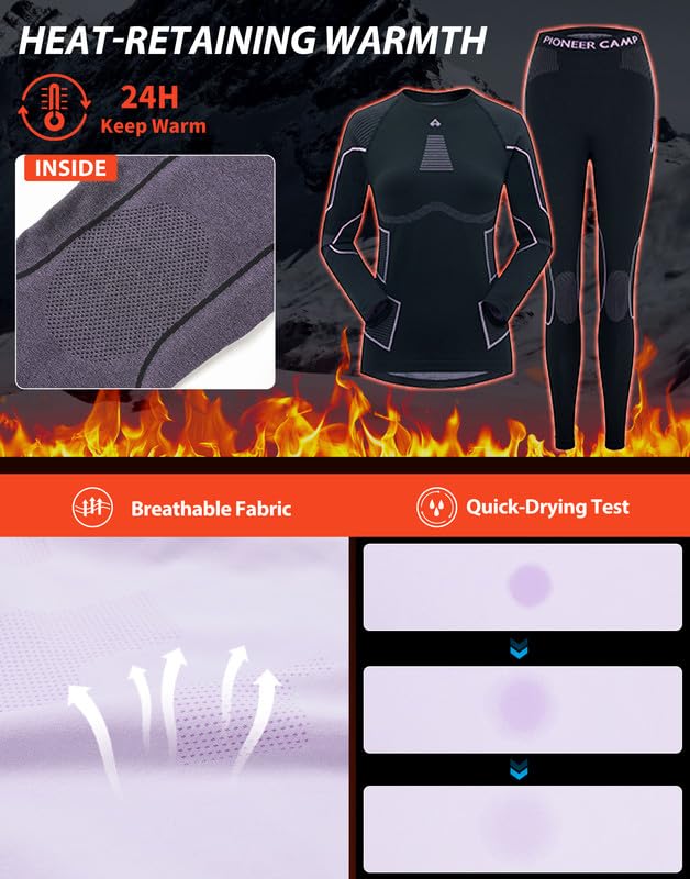 Pioneer Camp Ropa interior de esquí para mujer, ropa interior térmica cálida, elástica, transpirable, ropa interior deportiva, juego de calzoncillos largos de capa base para correr esquí