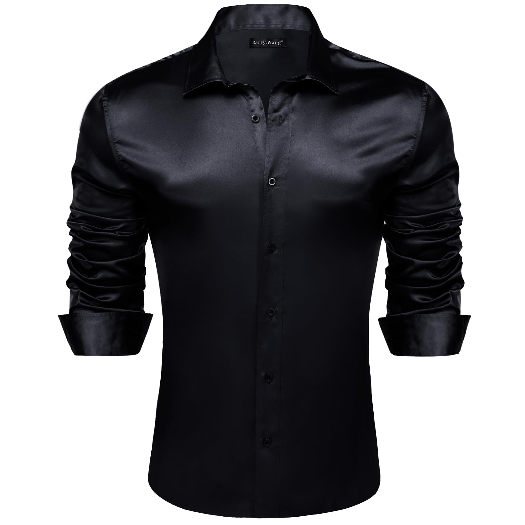 Photo 1 of Barry.Wang Mens Black Silk Satin Dress Shirts Shiny Luxury Long Sleeve Button Down Shirts Formal Casual Disco Wedding