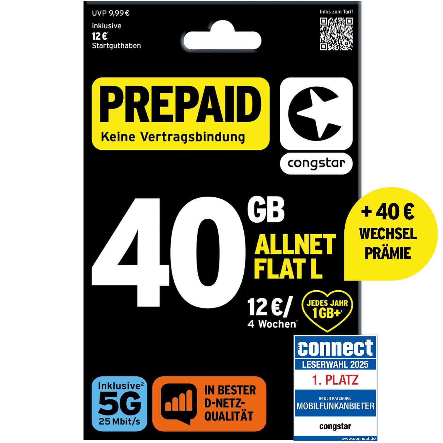 congstar Prepaid ALLNET L karta SIM bez umowy I pakiet przedpłacony dla wielu surferów w jakości sieci D I 15 GB LTE z 25 Mbit/s + 15 € kredyt startowy, telefonia i SMS-y do wszystkich sieci