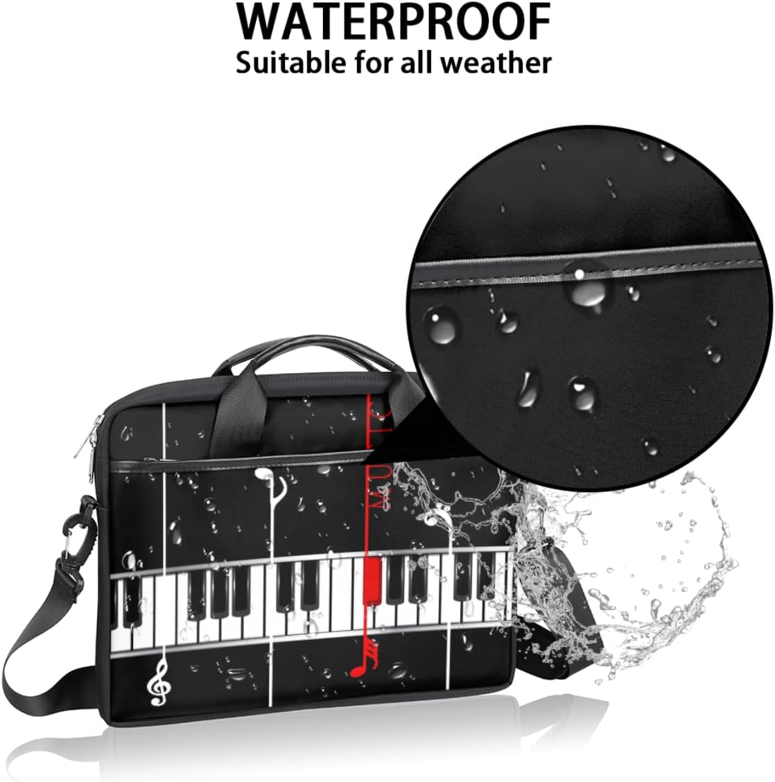 Music Notes Piano Keys Laptop Shoulder Messenger Bag Waterproof Laptop Briefcase Handle Padded Strap