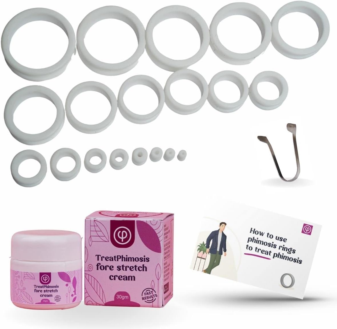 Vajraang phimosis stretching rings with fore-stretch cream, tool and user guide