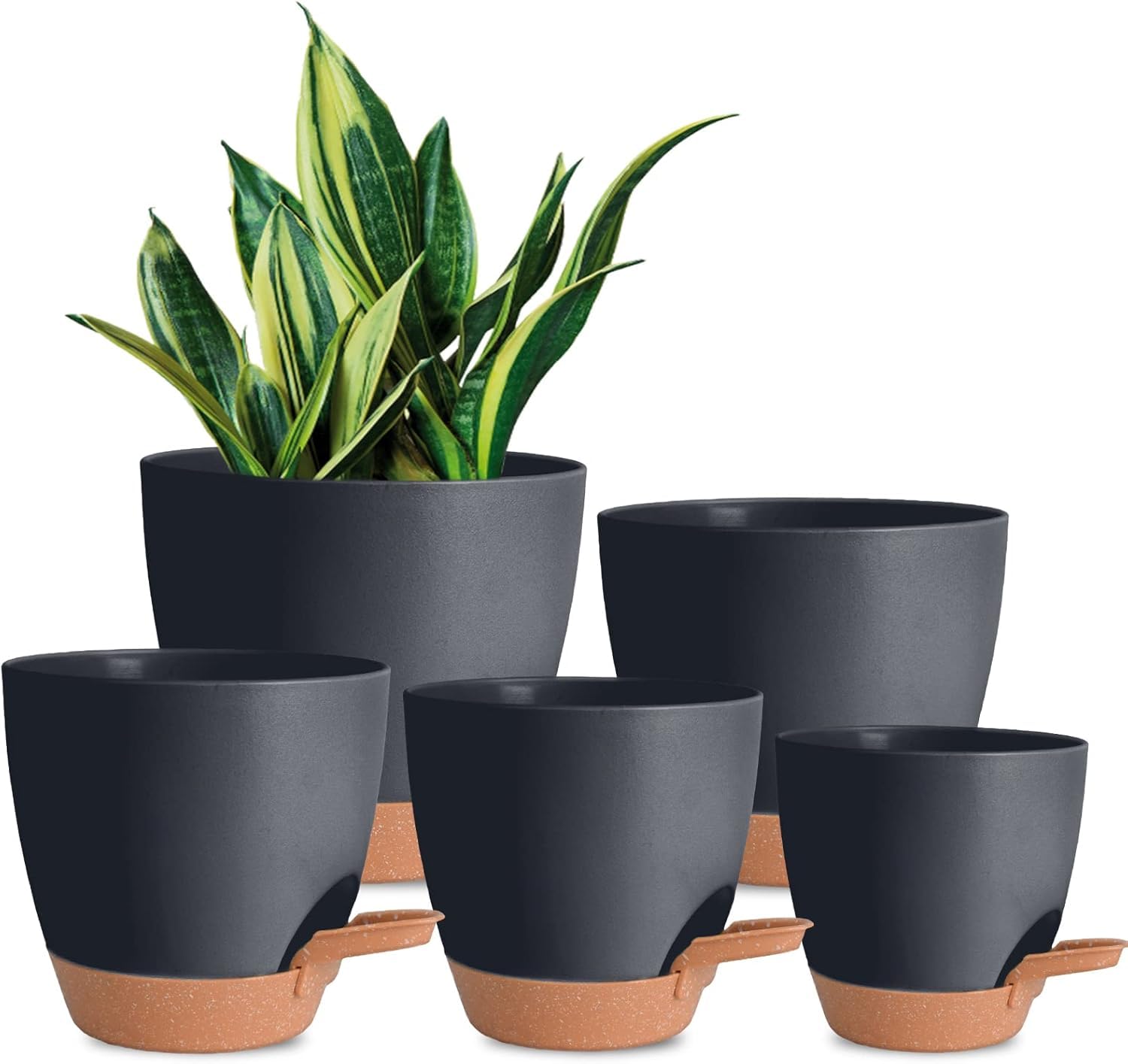 INKULTURE Flower Pot for Indoor Plants – Self Watering Plant Pot Set of 5, Multi Size Plastic Planter with Drainage Hole & Watering Lip (7/6.5/6/5.5/5 Inch) Black | Pots for Home, Office & Succulents