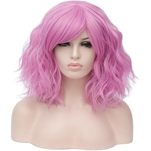 ONEUSTAR Pink Wig with Bangs Short Wavy Hair Colored Wigs Shoulder Length Pastel Bob Wig Synthetic Wig for Halloween Costumes Cosplay Daily 14 Inches