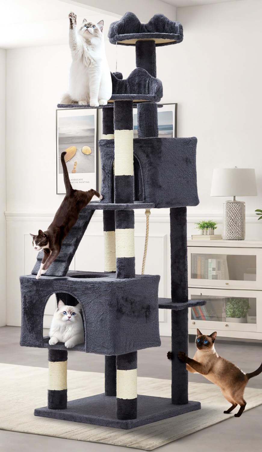 Garvee Árbol para Gatos de 183 cm de Altura, Rascador Grande de Varios Niveles con 2 Cuevas Espaciosas, 3 Plataformas Acolchadas, Postes de Sisal Natural, Rampa de Arañar y Bolas, Color Gris Oscuro