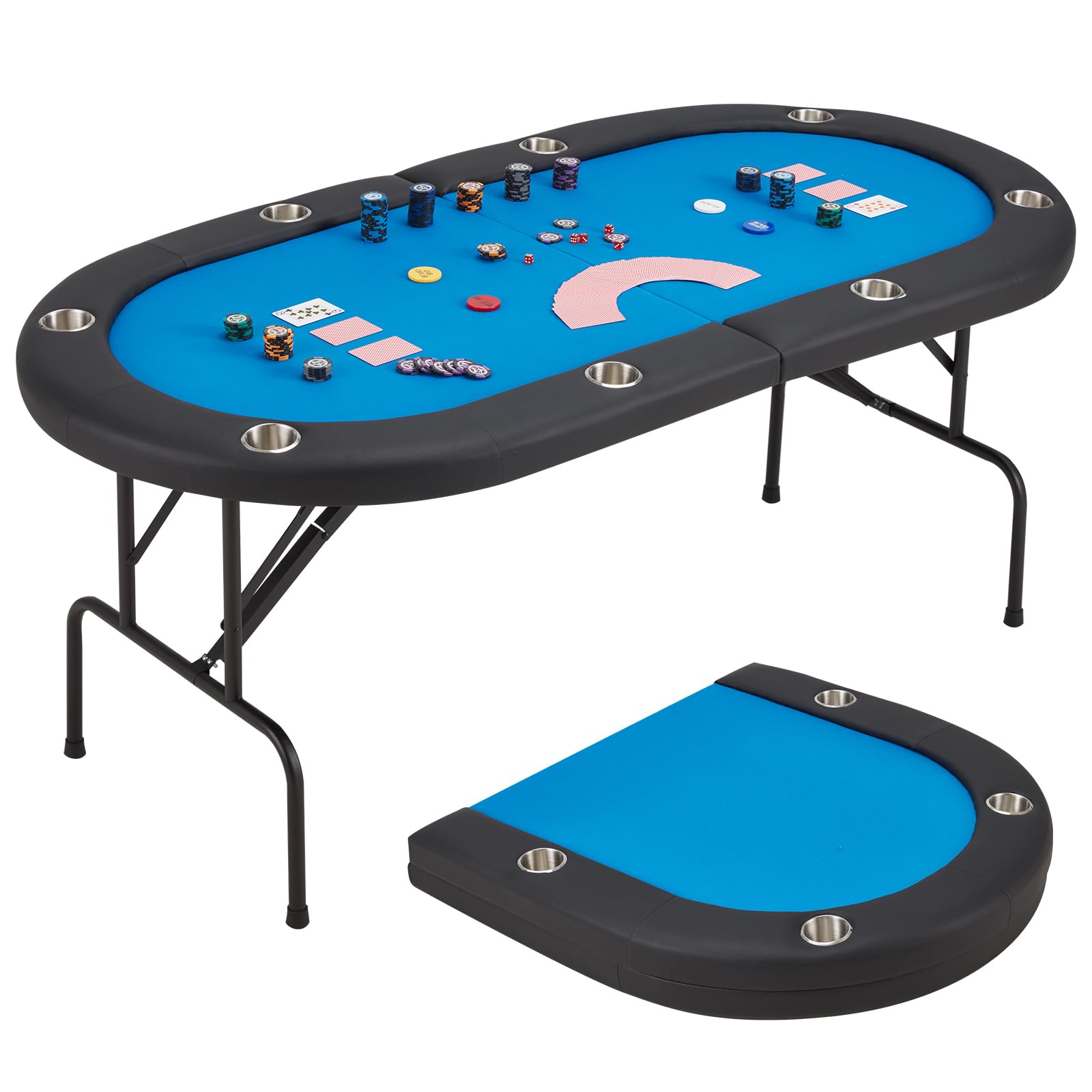 ECOTOUGE Poker Table Foldable, 8 Players Gaming Table w/Stainless Steel Cup Holder & Portable Storage Bag, Folding Oval Texas Holdem Table for Blackjack, Casino Game, Fully Assembled, Blue