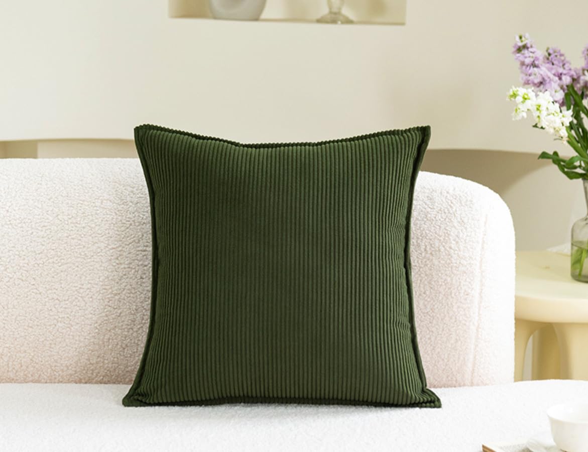 JOSVRAC Dark green cushions 55 x 55cm set of 4 stripes corduroy Cushion Square Throw Pillow Case Set green Cushion Covers for Living Room Sofa Bed Bedroom Home Decor Garden Cushion Couch pillowcase - Image 2