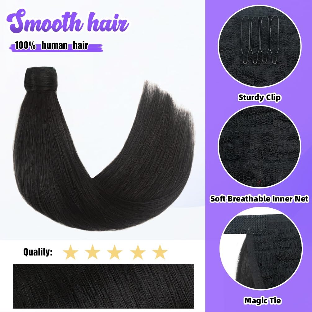 18 Inch Human Hair Ponytail 70g Long Wrap Around Ponytail Jet Black Real Hair Ponytail Extension for Women(18inch,70g Jet Black)