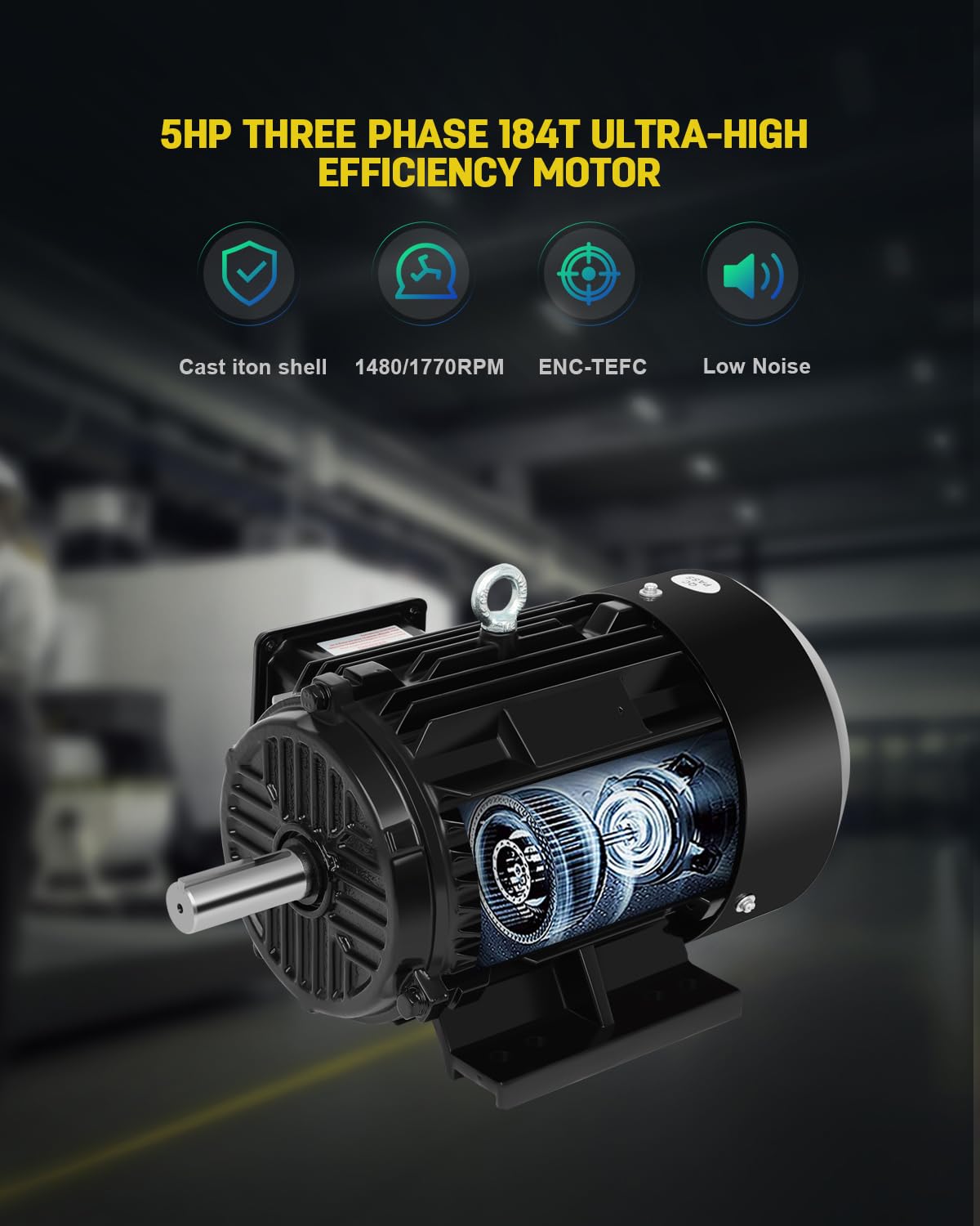 5HP Electric Motor General Purpose Three Phase Motor Super Efficient 1480/1770 RPM,184T Frame 1-1/8“Shaft Diameter CW/CCW Cast Iron Shell 50/60 HZ