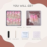 Vista 4 de Uñas postizas a presión con punta francesa color rosa, uñas postizas largas cuadradas de lujo, diseño de flores 3D, acabado UV, uñas postizas