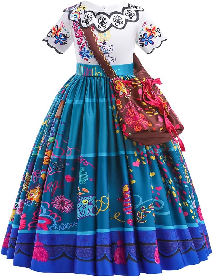 Girls Encanto Mirabel Costume Dress With Bag For Cartoon Cosplay Princess Halloween Dress Up