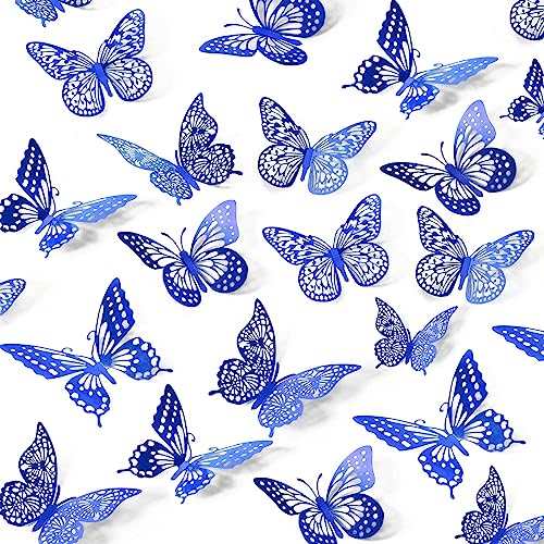 SAOROPEB Butterfly Wall Stickers 48 Pcs 4 Styles 3 Sizes Metallic Paper Removable Navy Blue Art Deco Decor for Wall