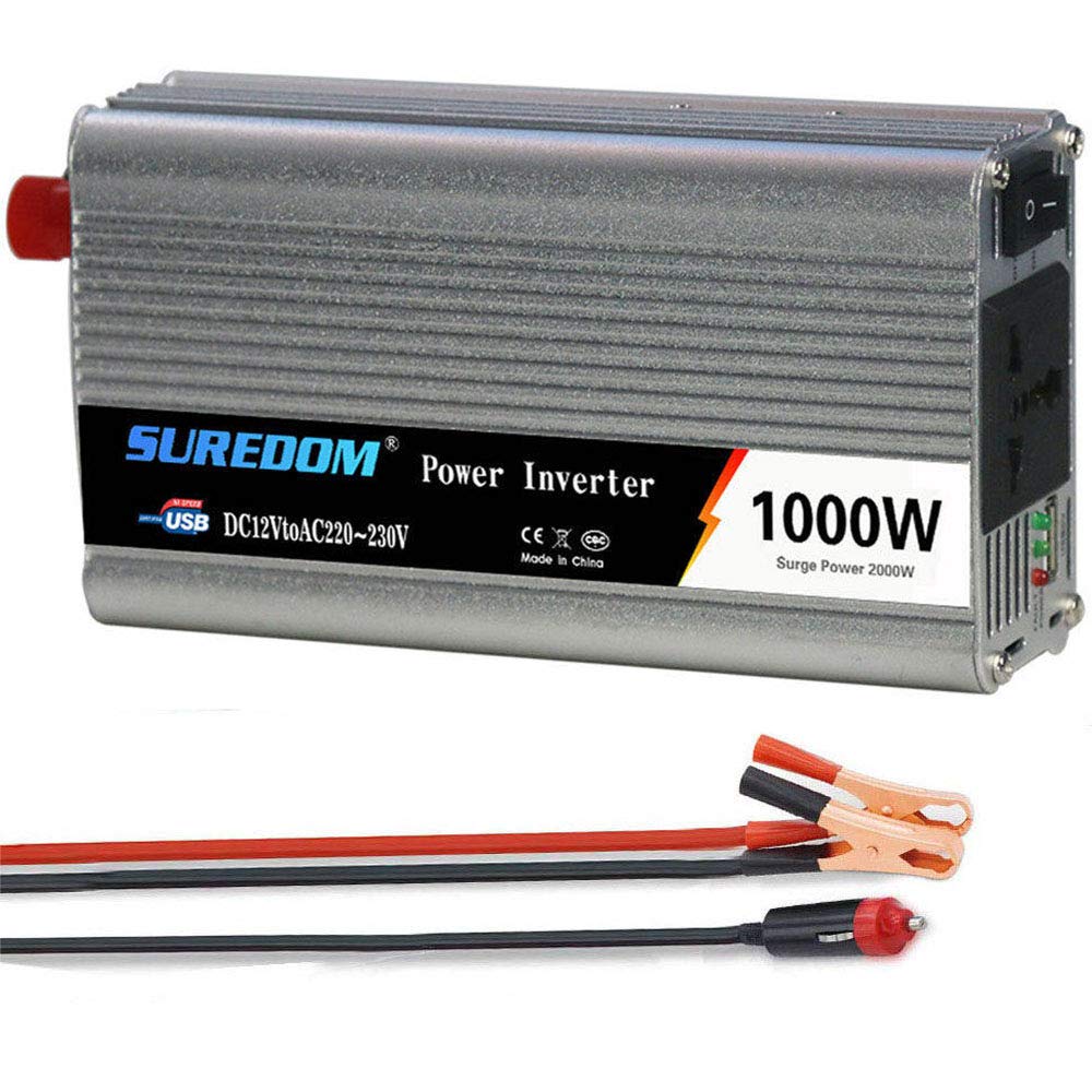 Onduleur De Voiture 1000W, Onduleur Solaire, Convertisseur De Pur Sinus Tension CC 12V / 24V à CA 110V / 220V avec Port USB pour Connexion Directe à La Batterie De Voiture,12V-220V