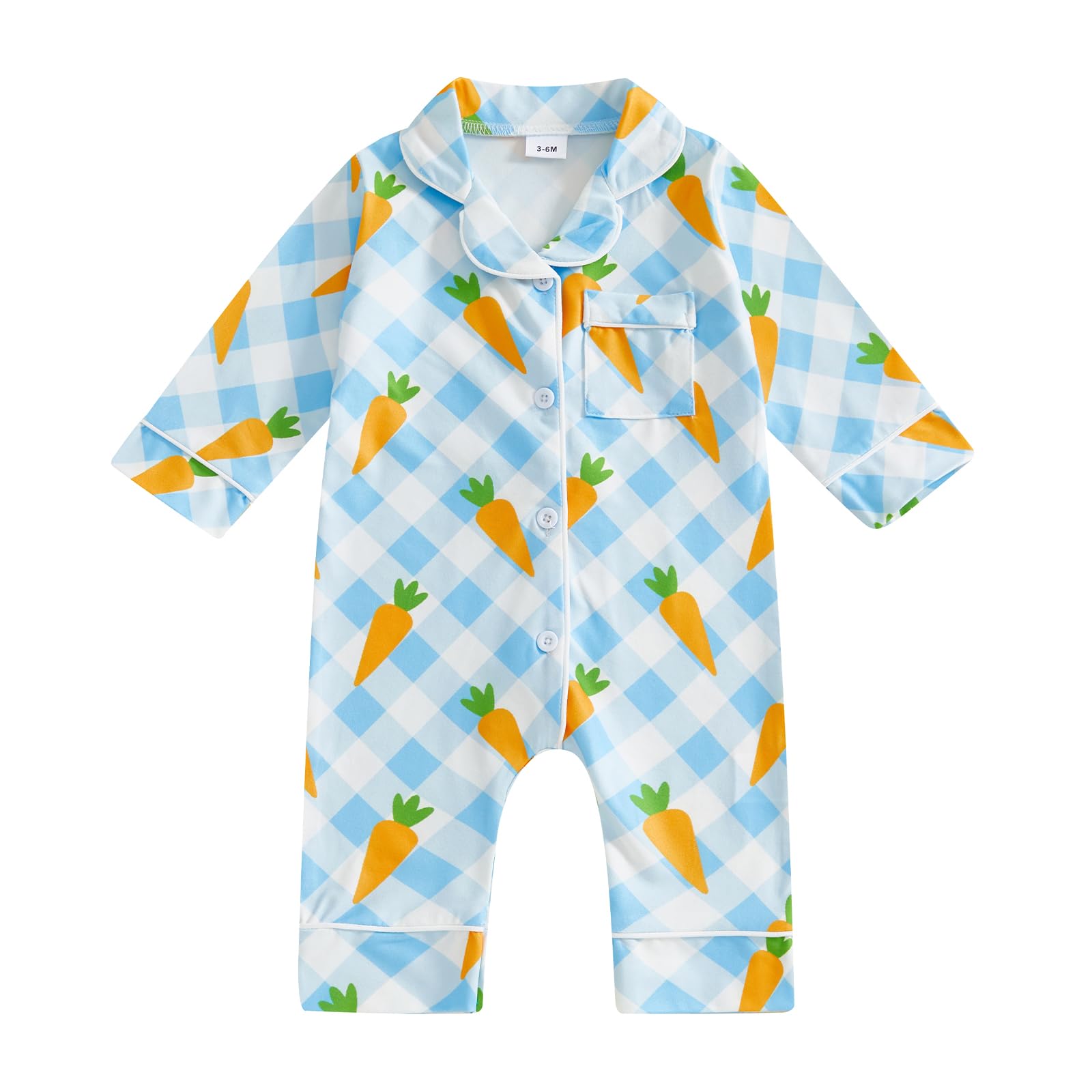 woshilaocai Easter Pajamas Baby Boy Girl Button Down Pjs Romper Cute Toddler Spring Summer Sleepwear (0-3 Months,Carrot&Blue)