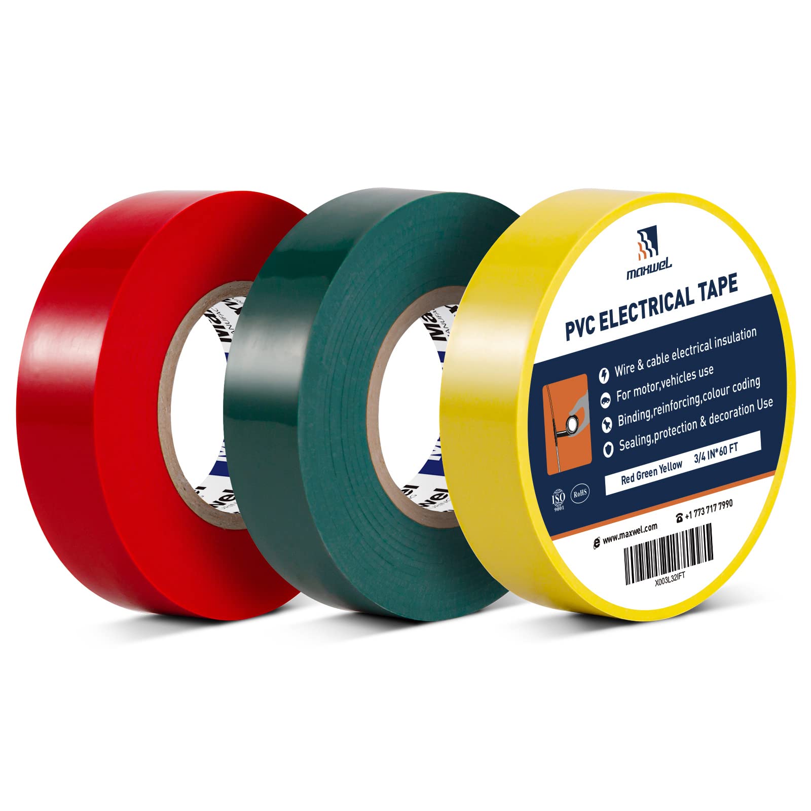 Colored Electrical Tape 3 Rolls - 3/4 In 60 Ft Multicolor Professional PVC Electric Tape Pack with Red Green Yellow Colors Flame Retardant Waterproof
