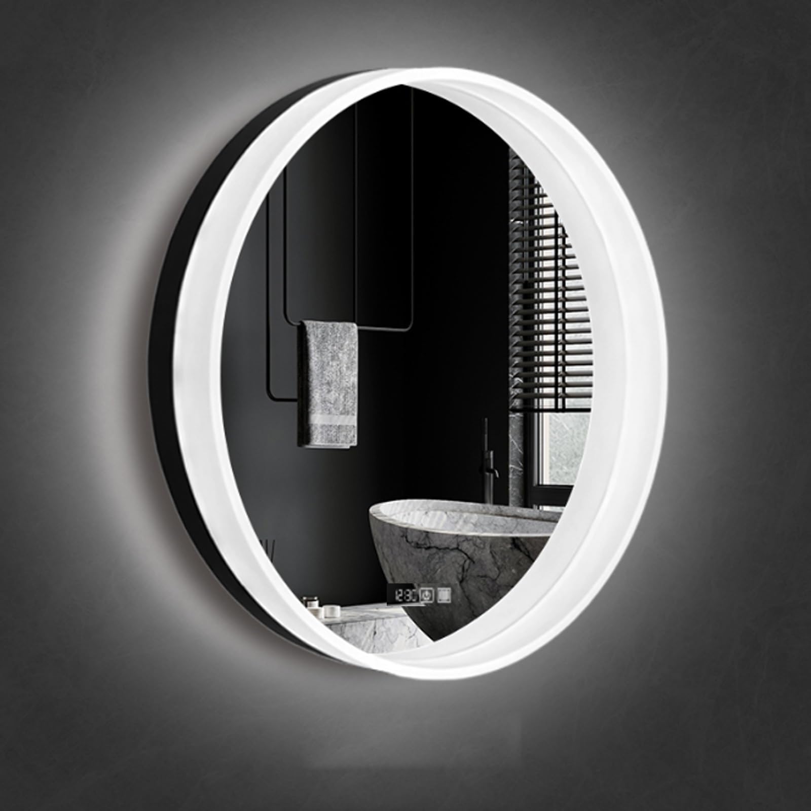 MESCXTY Round smart Bathroom Mirror with 3-Color Light, Backlit wall Mounted Vanity Anti-Fog and Time Temperature, Acrylic Frame, Shatter Proof(60 * 60cm/23.6 23.6in)
