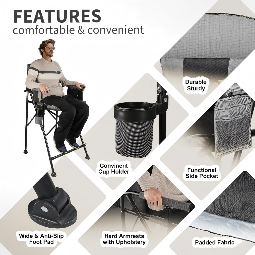 LANMONTAIN Extra Tall Folding Camping Chairs,30.7'' Seat Height Portable Hard Arm Bar Chairs w/Cup Holder,Side Mesh Pocket and Footrest,Heavy Duty Support 350 Lbs Comfy Director Chairs,Black&Grey