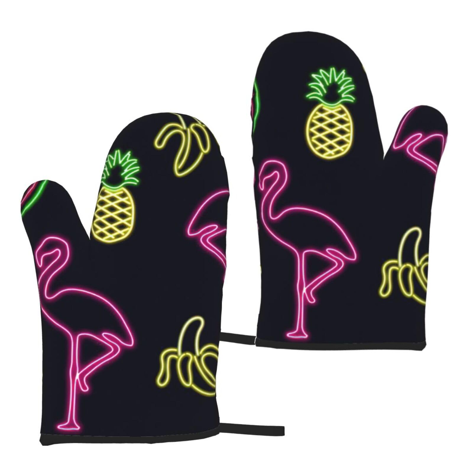 Nimongt Women's Black Pineapple Banana Flamingo Print Adults Universal Fit Heat Resistant Oven Gloves Reusable Cooking Outdoor Grilling