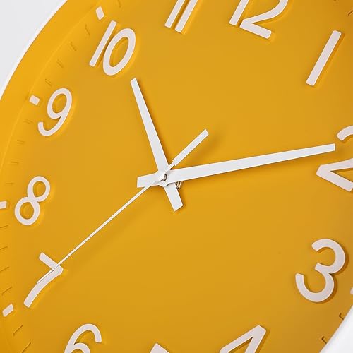 Miniatura 5 de HZDHCLH Reloj de pared amarillo con pilas, 12 pulgadas, silencioso, sin tictac, moderno, para sala de estar, dormitorio, cocina, oficina, decoración