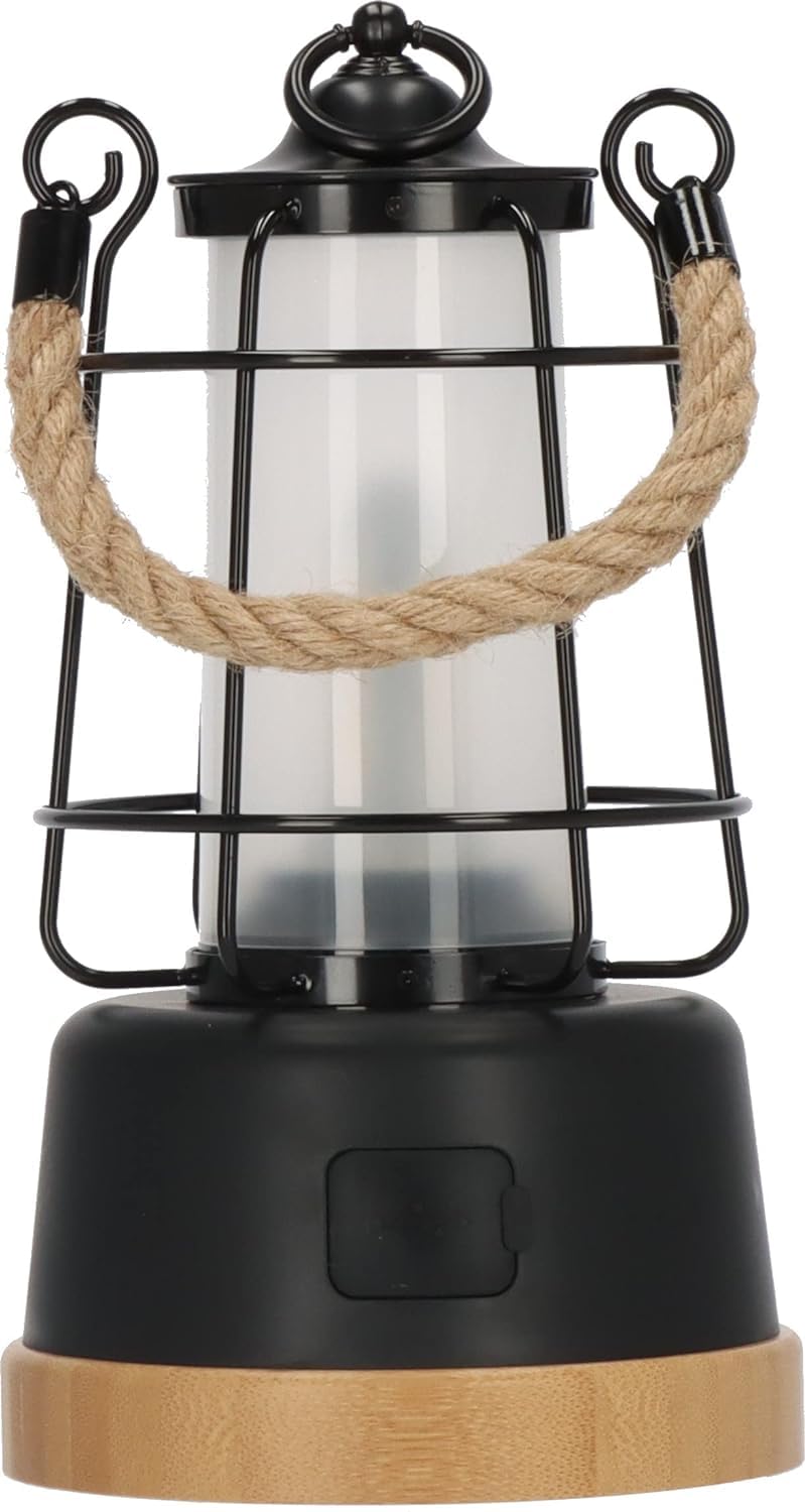Brennenstuhl Lampada da Campeggio LED Ricaricabile USB (Fino 75 Ore di Luce), Lanterna da Esterno 350lm con Funzione Powerbank, Design Sostenibile con Base in Bambù e Corda in Canapa