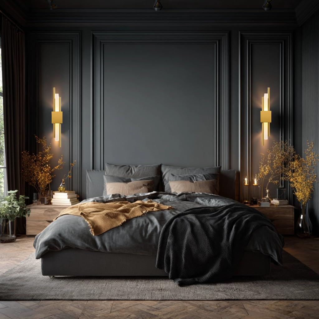 2 Stück Moderne LED Wandleuchte Gold,Vertikale Geometrische Metall Wandlampe mit Acrylschirm,Minimalistische Innenbeleuchtung für Schlafzimmer,Wohnzimmer,Flur,8W,48cm,3 Farbtemperatur (2Stk.L&R)