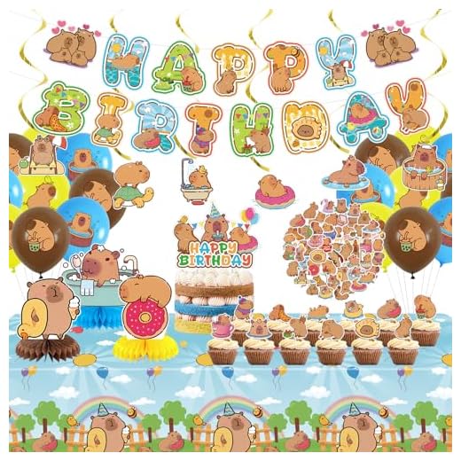 Obussgar Capybara Cumpleaños Party Decoraciones - Suministros para fiestas de Capybara incluyendo pancartas de feliz cumpleaños, espirales, adornos para tartas, piezas centrales de mesa, globos,