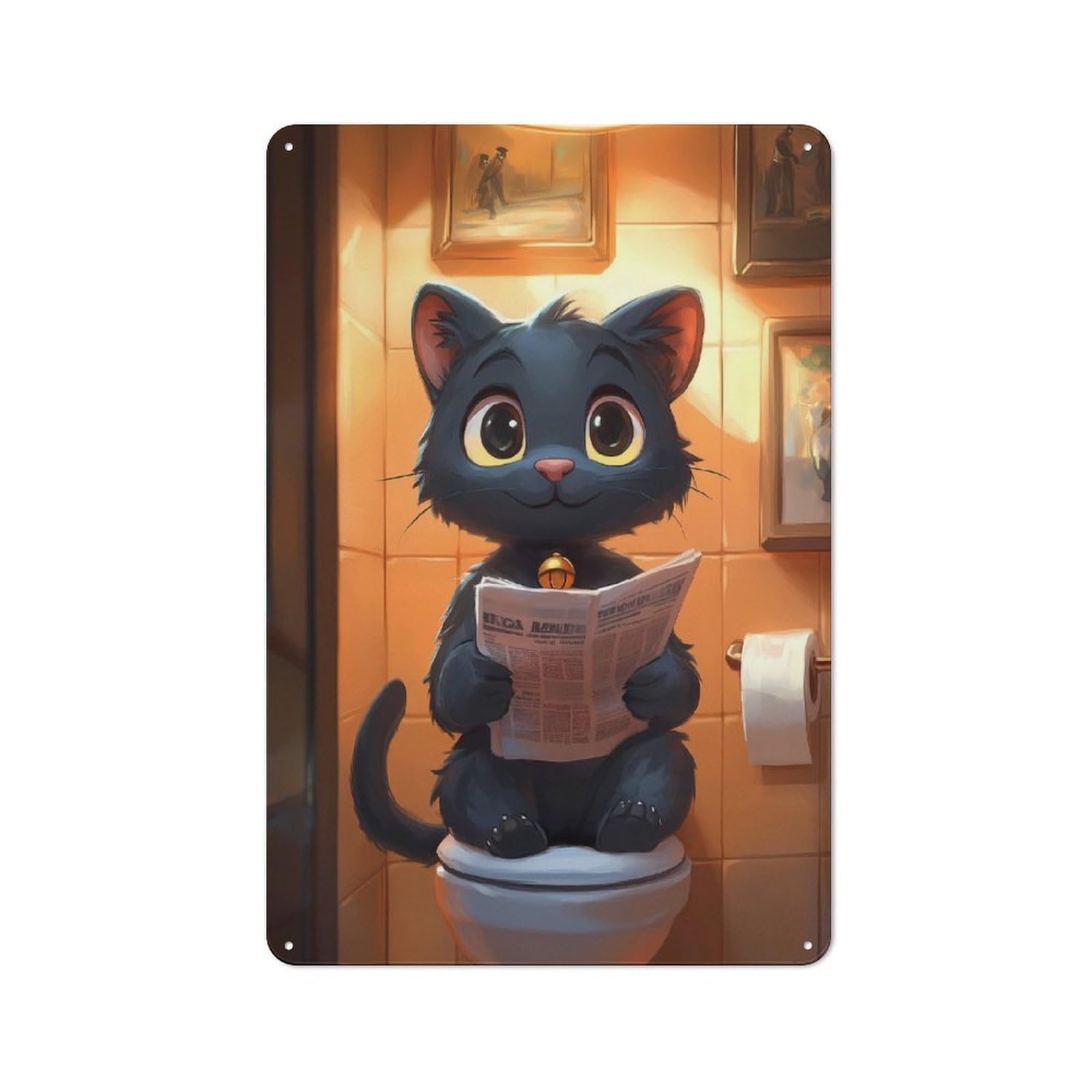 Junmoney Style-8 Rustic Cartoon Cat Reading Newspaper On Toilet Tin Wall Plaque 30X20cm, Rustic Kitchen Decor For Cottage, Kitchen, Hallway Or Breakfast Nook