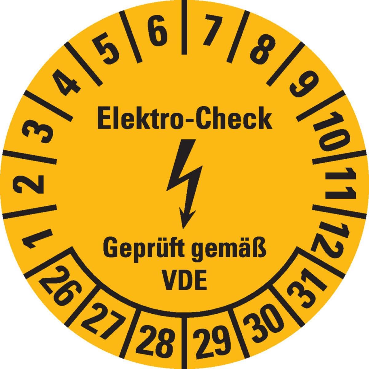 Prüfplakette Elektro-Check, VDE, 26-31, Gelb, Dokumentenfolie, Ø30mm, 108/Heft