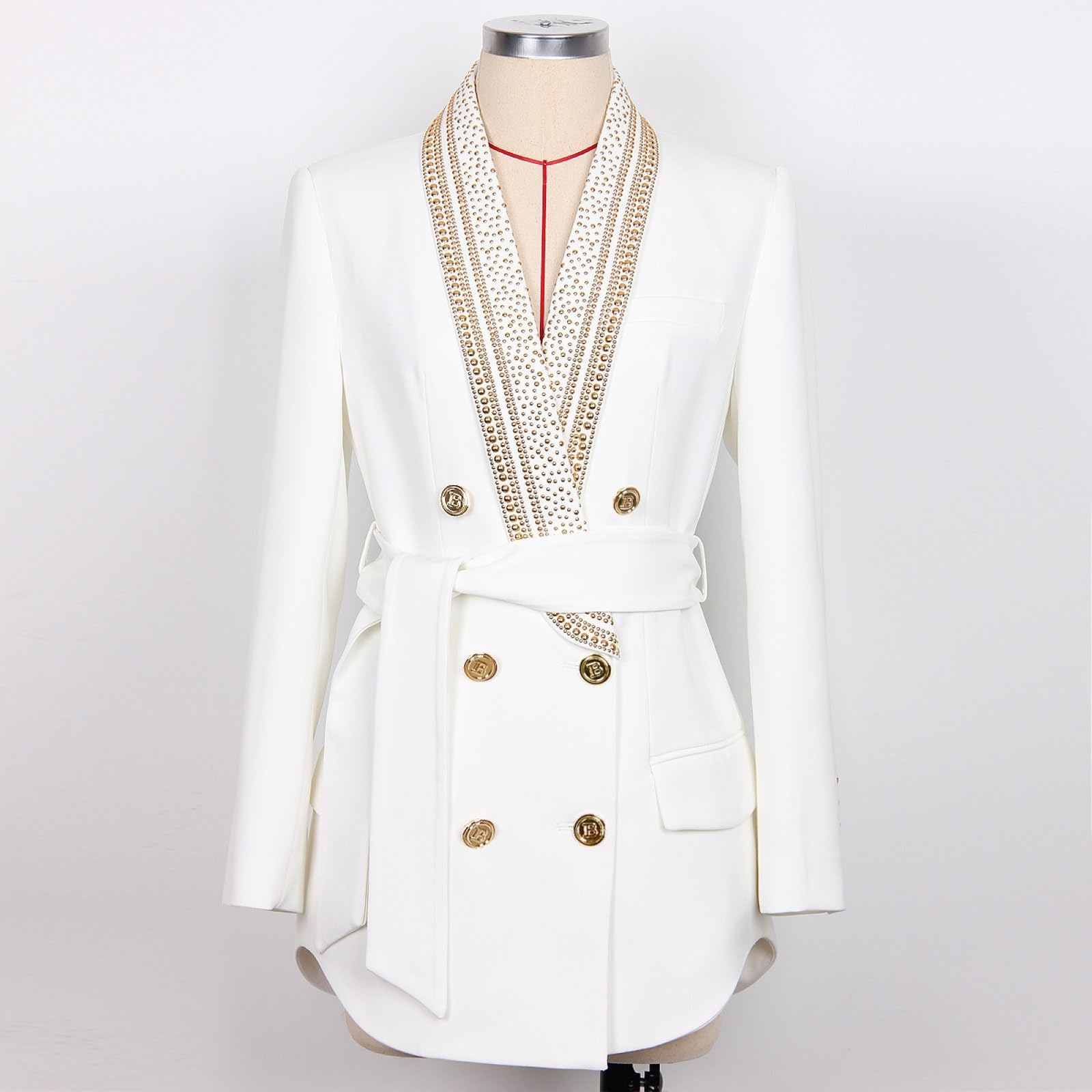 Giacca da Donna di Lusso Modello Blazer Doppiopetto Alla Moda con Strass Scintillanti Collo A Scialle e Cintura