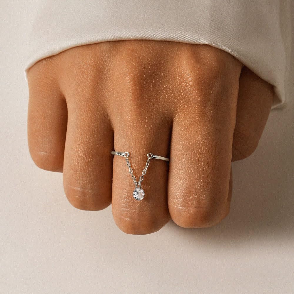 Kokoma Dangling Charm CZ Sterling Silver Ring for Women Crystal Diamond Tassel Chain Sackable Finger Band Statment Ring Promise Rings Adjustable - Image 2