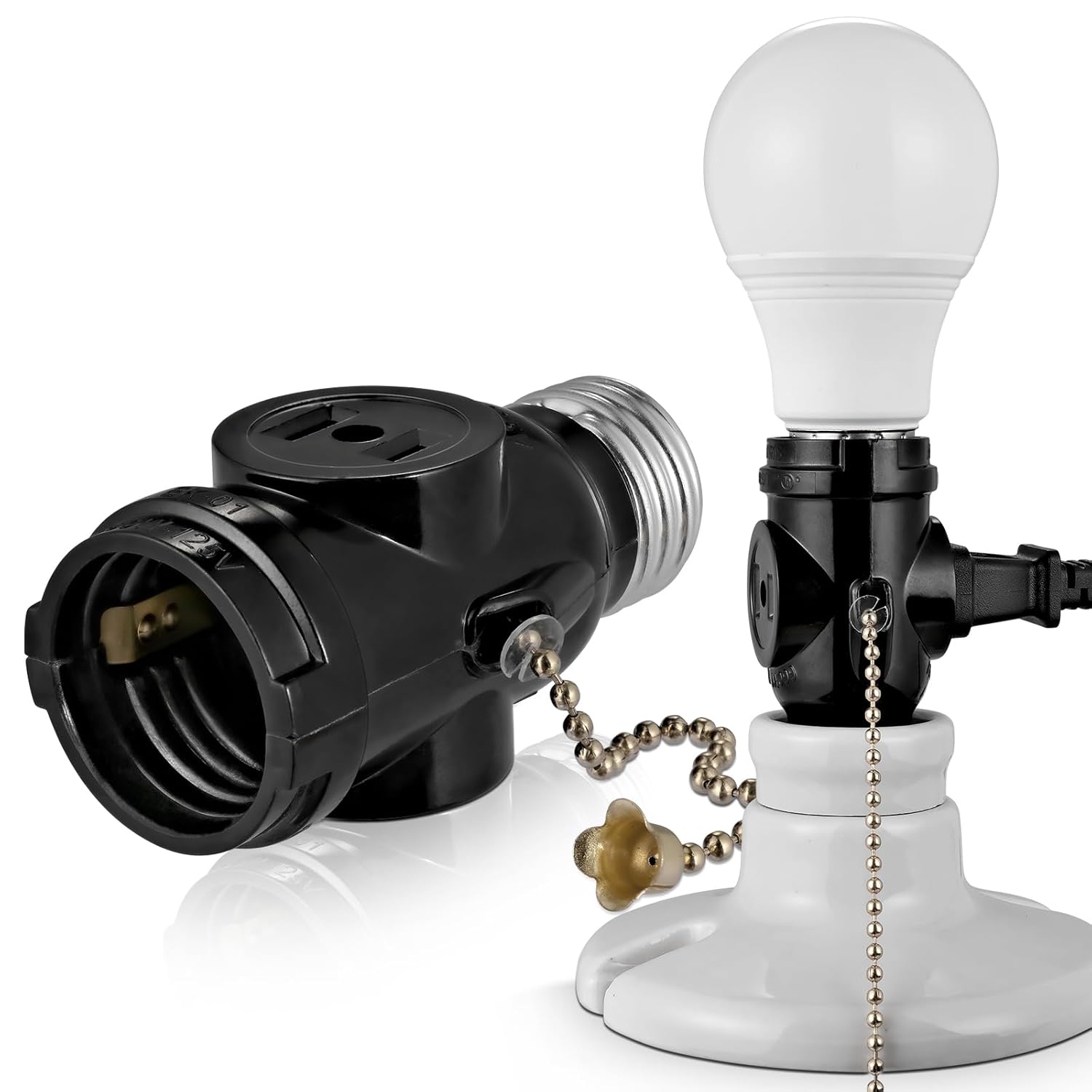 2 Outlet Light Socket Adapter,E26 Bulb Socket to Outlet Splitter,Converts Medium Screw Socket into a Socket with Two outlets,Polarized Outlet,with Pull Chain Switch. UL Listed, Black (3-Pack)