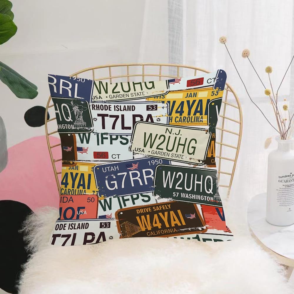 Hyosxw License Plate, Retro Distressed Us State Pla - A10 Cushion Cover,Throw Pillow Case Home Decorative For Living Room Bedroom Sofa Chair 18X18 Inch,License Plate, Retro Distressed Us State Plate Collage,Pillowcase 45X45cm