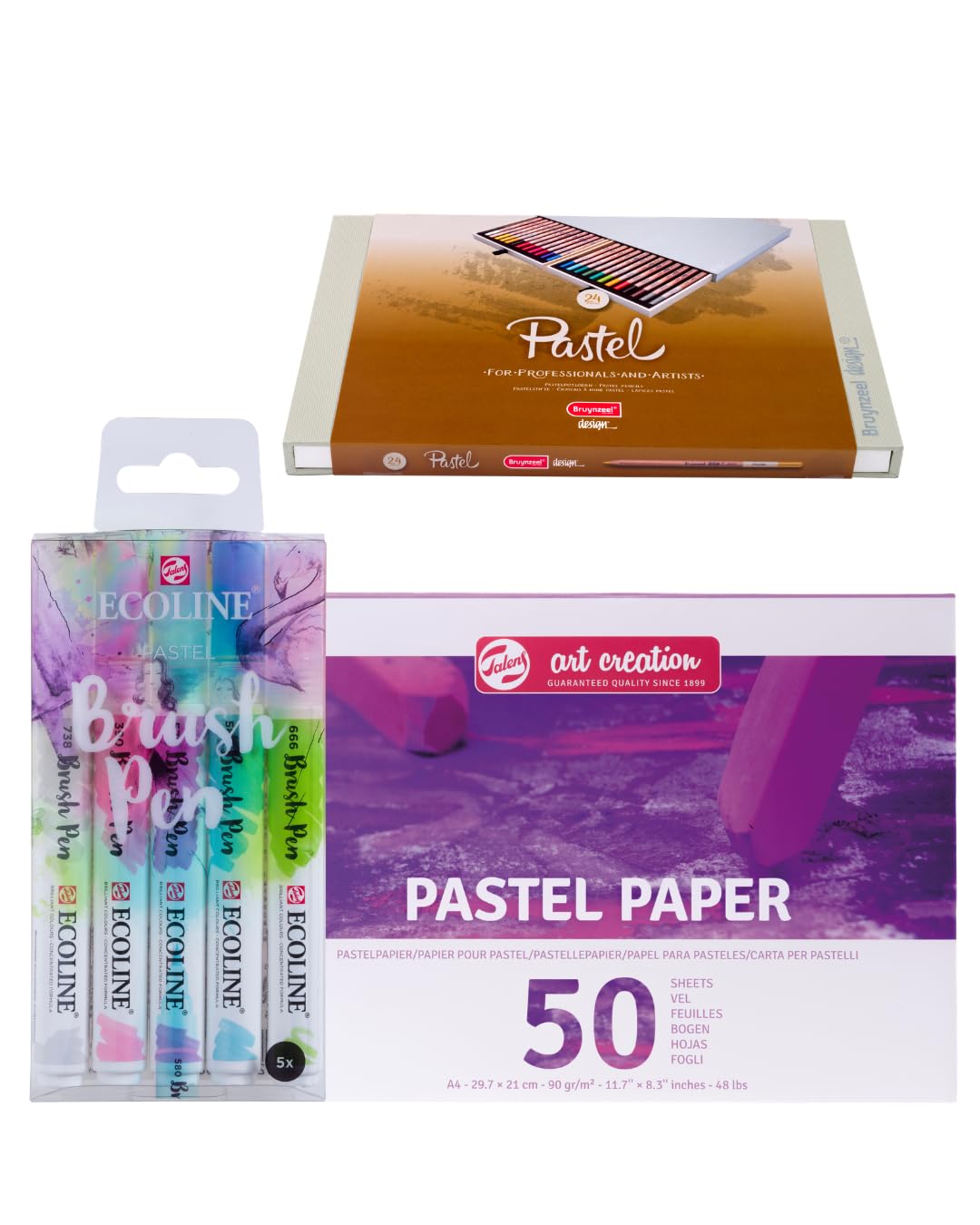 Pastellmalerei Profi Set – 24 Künstler Pastellstifte im Holzetui + Ecoline Brush Pens Pastellfarben + Pastellpapier A4 | Komplettset für Zeichnen, Illustration & Kreative Kunst