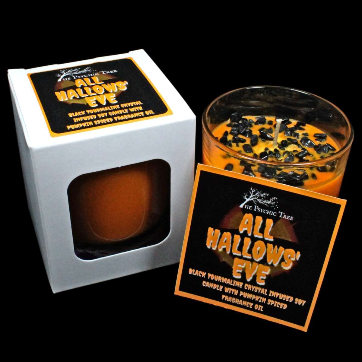 All Hallows Eve - Crystal Infused Scented Candle with Black Tourmaline Healing Crystal Chips, and fragranced with Pumpkin Spiced Bread, one of The Most Popular Autumnal Halloween scents.