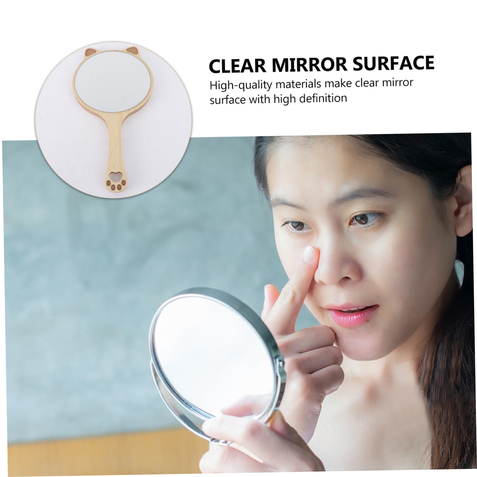 Ipetboom Cute Hand Held Mirror for Girls Makeup Mirror Wooden Handle for Travel and Daily Use